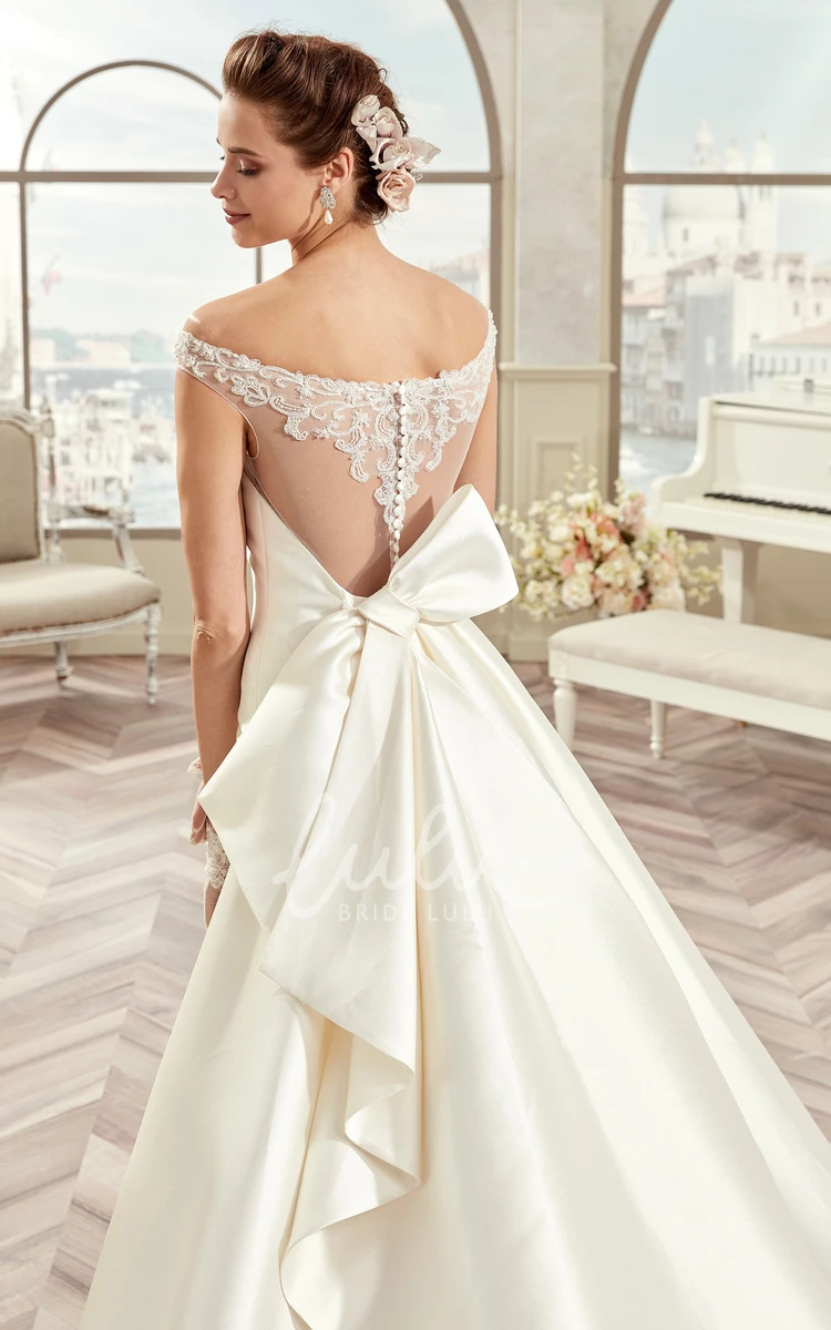 Off-Shoulder Satin Illusive Design Wedding Dress with Back Bow Simple and Elegant