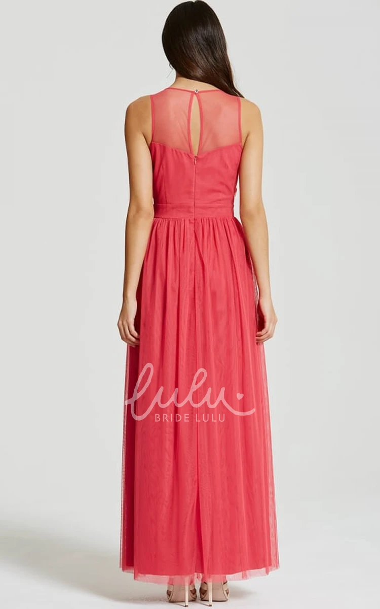 Bateau Neck Tulle Bridesmaid Dress with Beading Ankle-Length