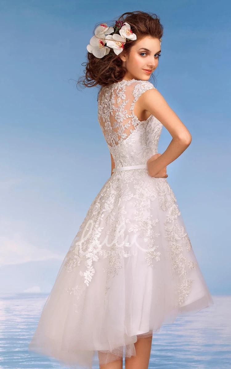 Lace Applique V-Neck Cap-Sleeve A-Line Knee-Length Wedding Dress