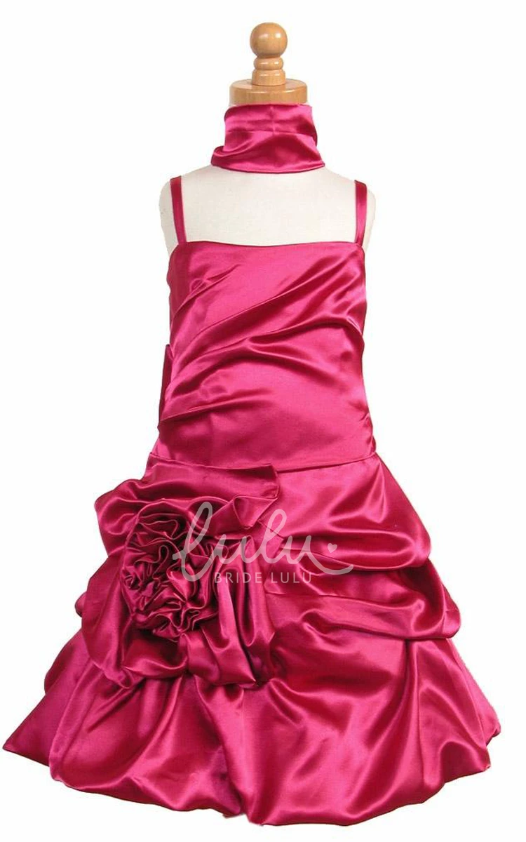 Ruched Satin Cape Midi Flower Girl Dress with Ribbon and Floral Print