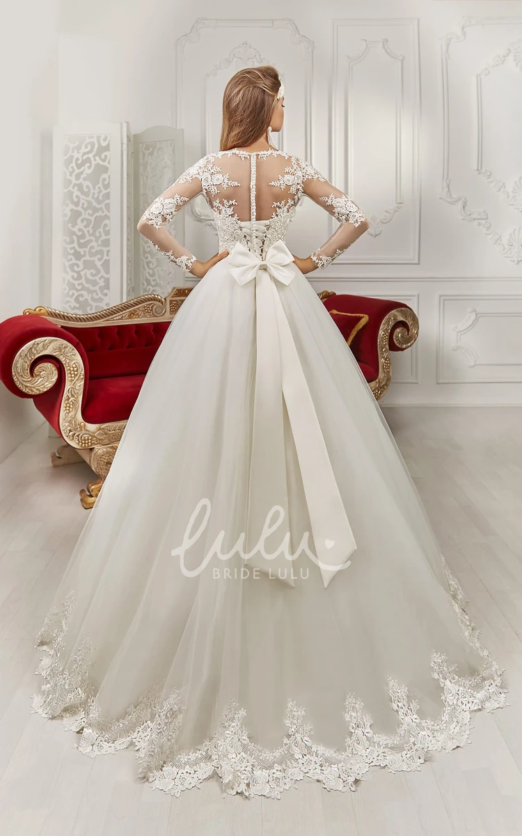 Illusion Back Bateau Floor-Length Long Sleeve Dress with Appliques and Bows Wedding Dress