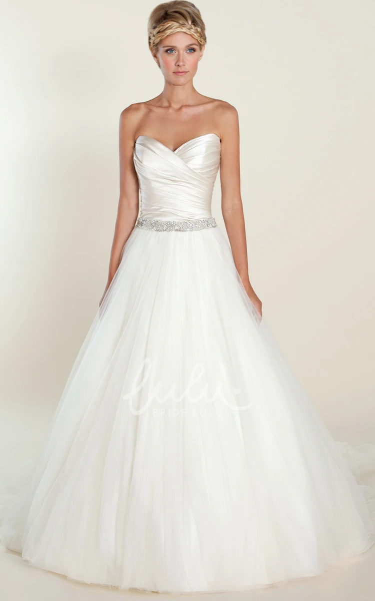 Long Jeweled Tulle&Satin Ball Gown Wedding Dress with Sweetheart Neckline and Criss Cross Glamorous Bridal Gown