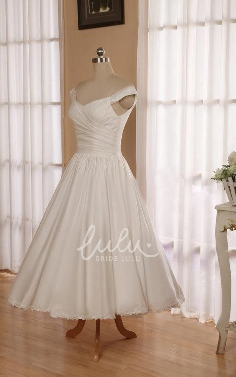 V-Neck Satin Tea-Length Wedding Dress with Button Back