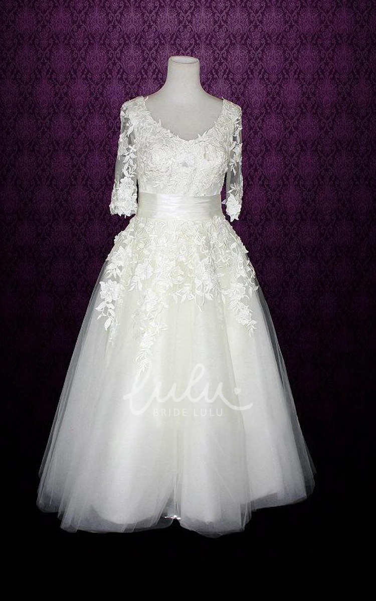 V-Neck Tulle Wedding Dress with Half Sleeves and Low-V Back