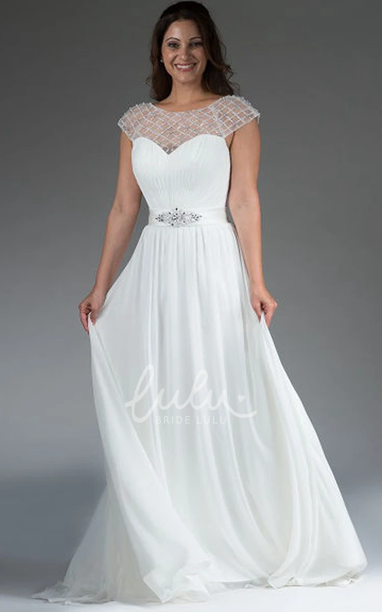 A-Line Bridal Gown with Pearled Cap Sleeves Back Crystal Bowknot and Keyhole Access