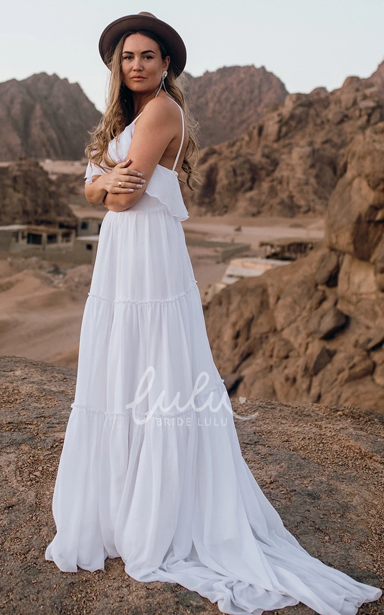 Country Spaghetti Chiffon A-Line Wedding Dress with Open Back