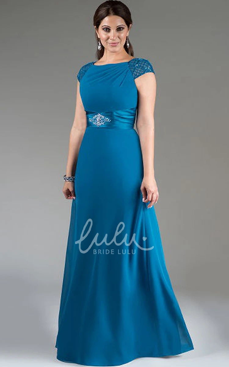 A-Line Mother of the Bride Dress with Crystal Satin Sash Beaded Cap Sleeve Long