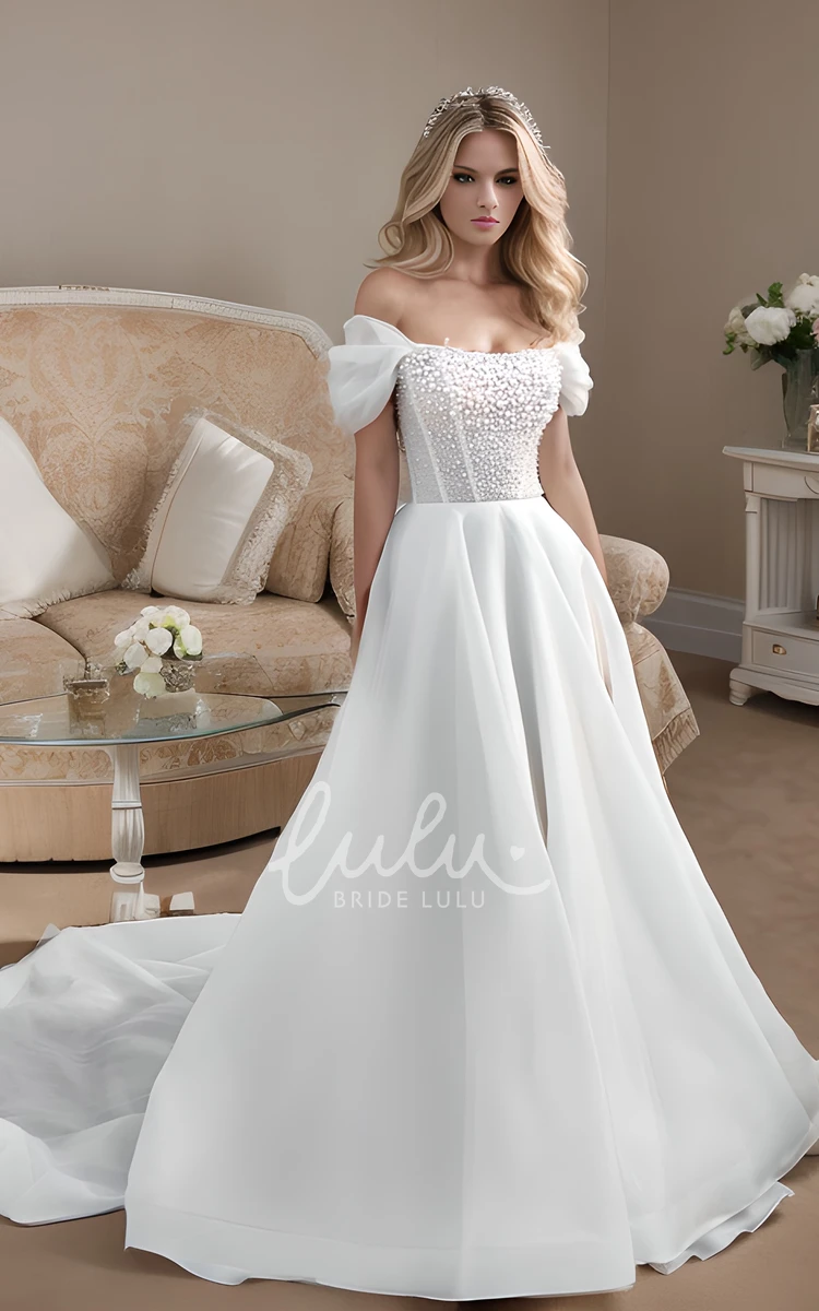 Romantic Beach A-Line Off-the-Shoulder Wedding Dress with Beaded Pearl Decor Stunning Modest Organza Cathedral Train Bridal Gown