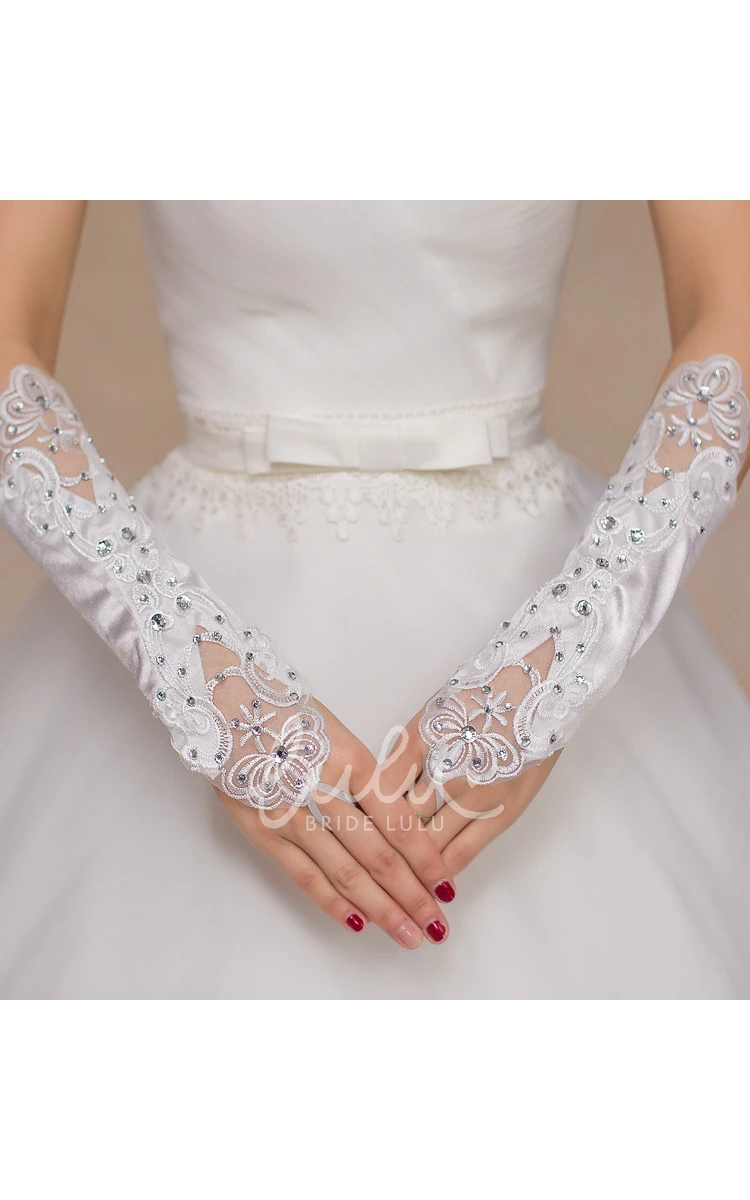 Elegant Satin Mesh Embroidered Wedding Dress Gloves Diamond Hollow