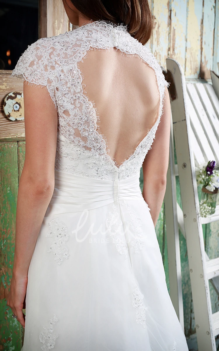 A-Line Cap-Sleeve Beaded V-Neck Lace Wedding Dress With Keyhole Modern Bridal Gown 2025