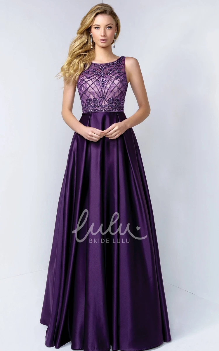 A-Line Satin Bateau Long Dress with Low-V Back and Lace for Prom