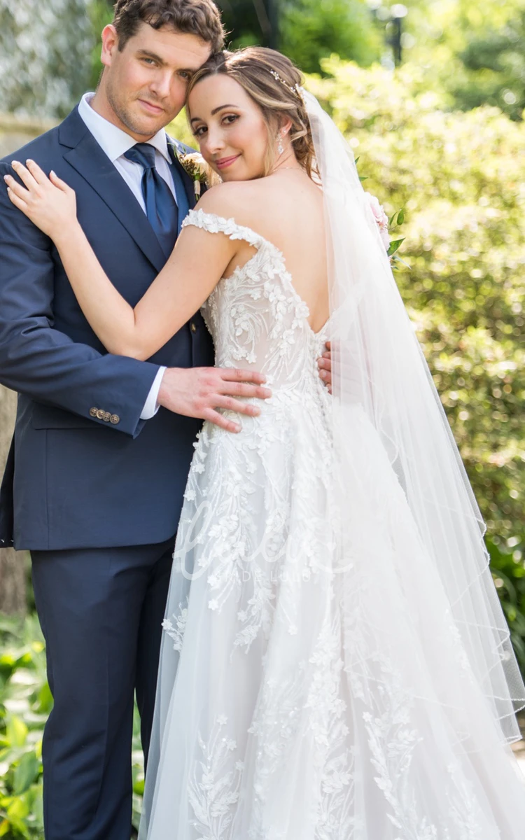 Gorgeous Off-the-Shoulder A-Line V-Neck Trailing Wedding Dress with Dreamy Appliqué