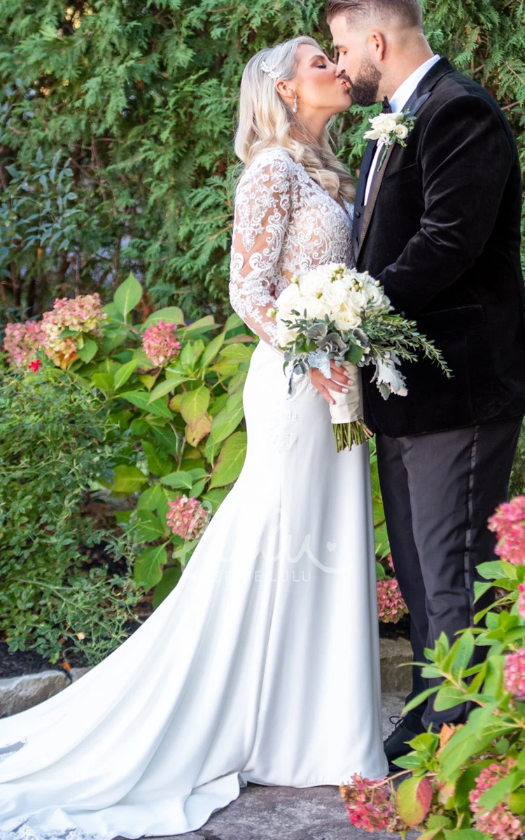 Elegant Boho V-Neck Casual Long Sleeve Delicate Lace Illusion Satin Country Wedding Dress
