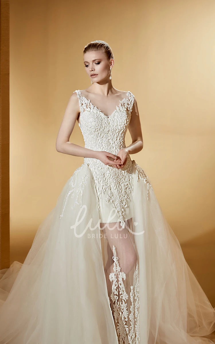 Unique Lace Bridal Gown with Cap Sleeves Side Ruffles and Illusive Design