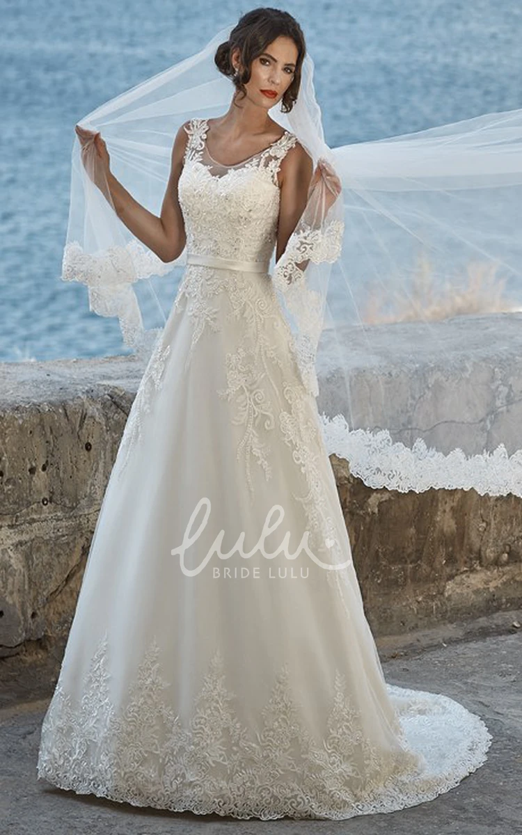 Sleeveless A-Line Lace Wedding Dress Scoop-Neck & Floor-Length