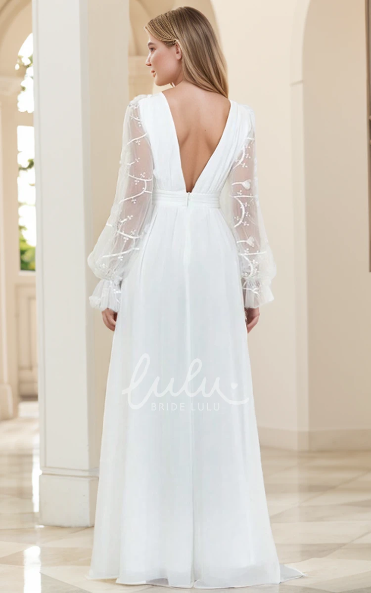 A-Line V-Neck Tulle Illusion Long Sleeve Satin Beach Gown Wedding Dress with Split Front
