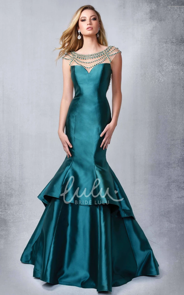 Mermaid Cap-Sleeve Scoop-Neck Satin Formal Dress with Tiers and Backless Design