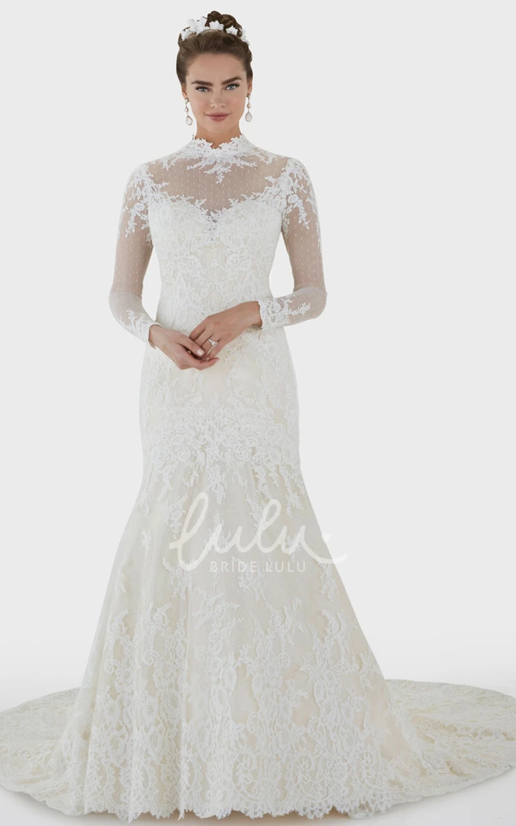 Long-Sleeve High Neck Mermaid Wedding Dress with Lace Illusion