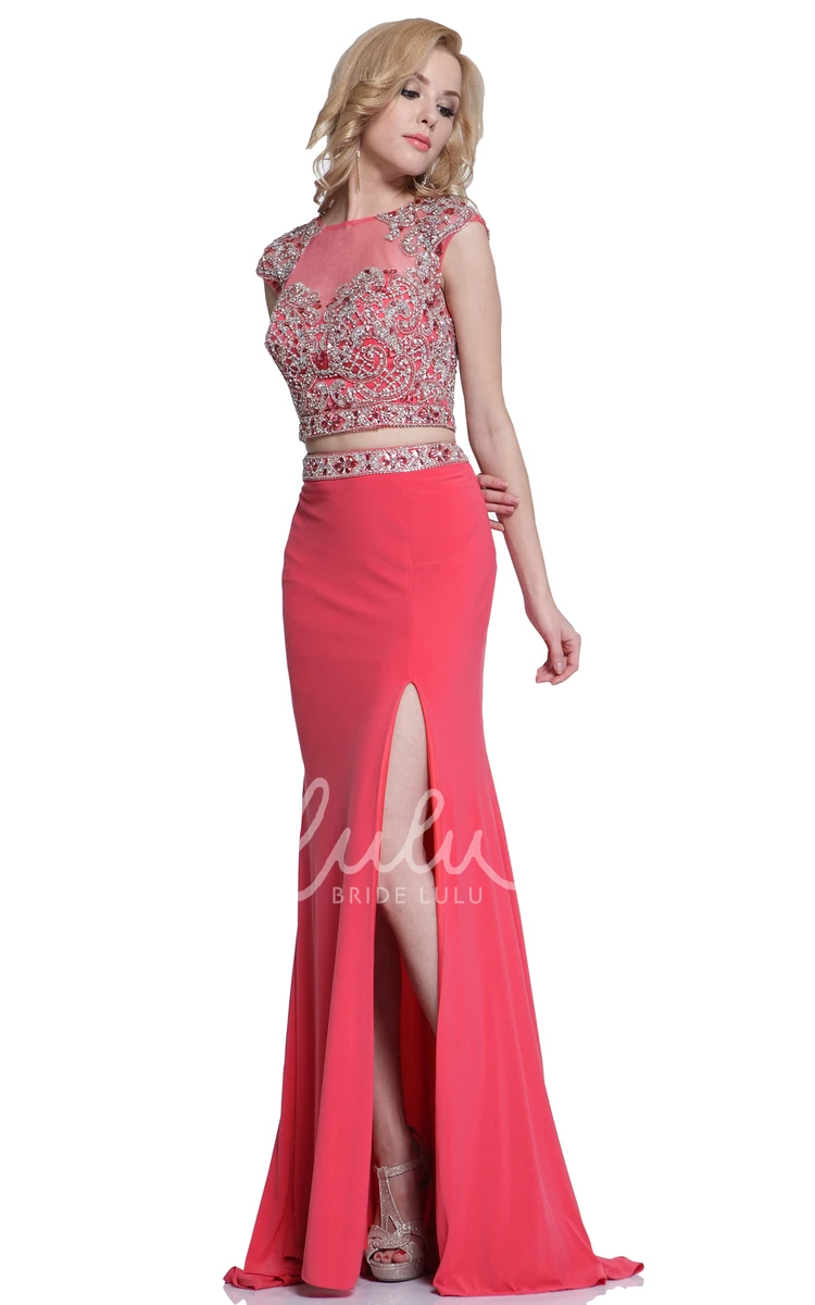 Beaded Two-Piece Sheath Formal Dress with Split Front and Cap Sleeves