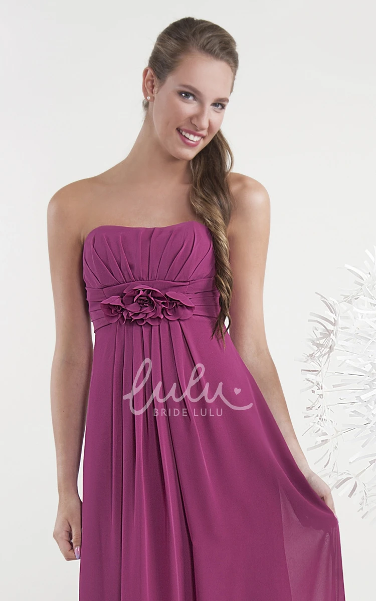 Ruched Strapless Chiffon Bridesmaid Dress with Flower Elegant Maxi