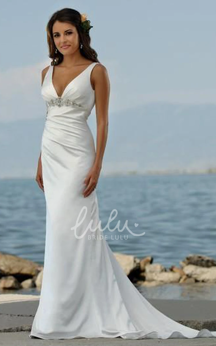 Beaded V-Neck Sheath Beach Wedding Dress with Sweep Train