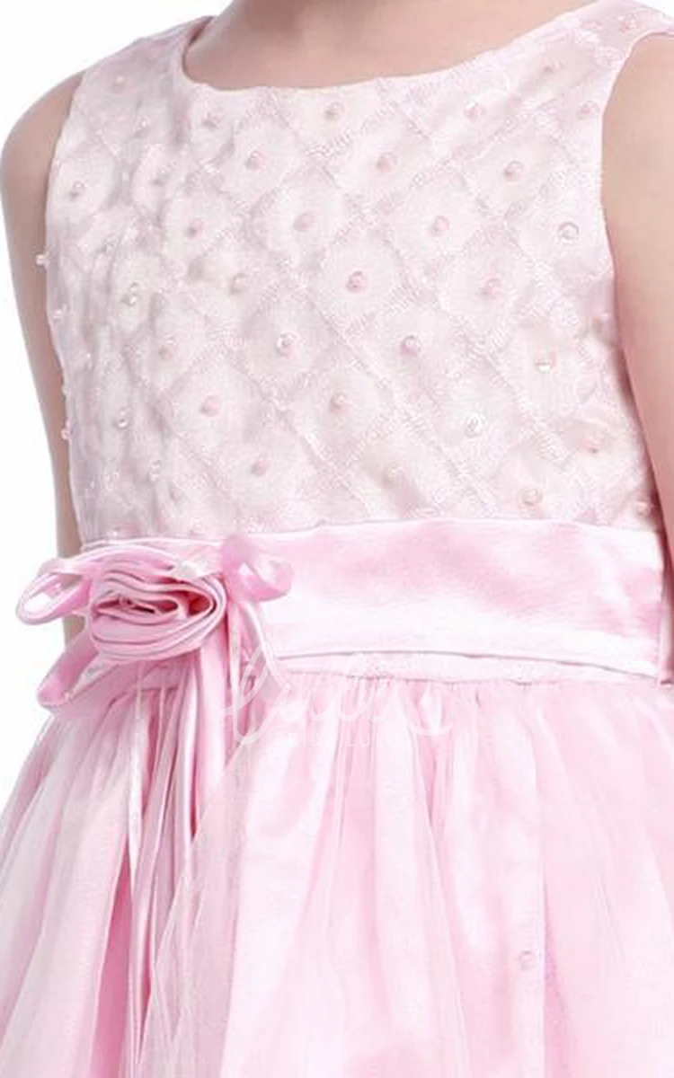 Lace Tea-Length Flower Girl Dress with Beaded Details