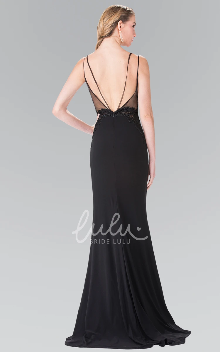 Spaghetti Strap Sheath Jersey Prom Dress with Split Front and Embroidery