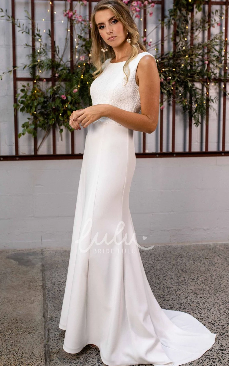 Satin Lace Sheath Wedding Dress with Sweep Train Simple and Sleeveless