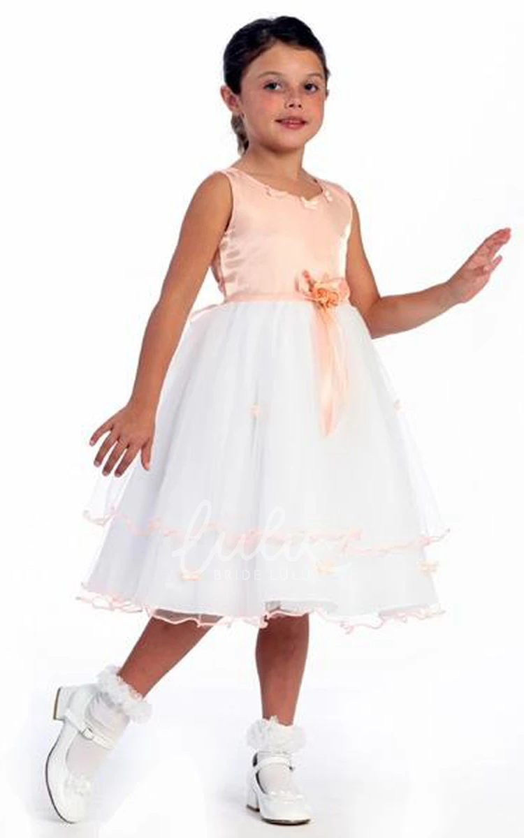 Floral Tulle&Satin Tea-Length Flower Girl Dress Simple Beach Wedding Dress