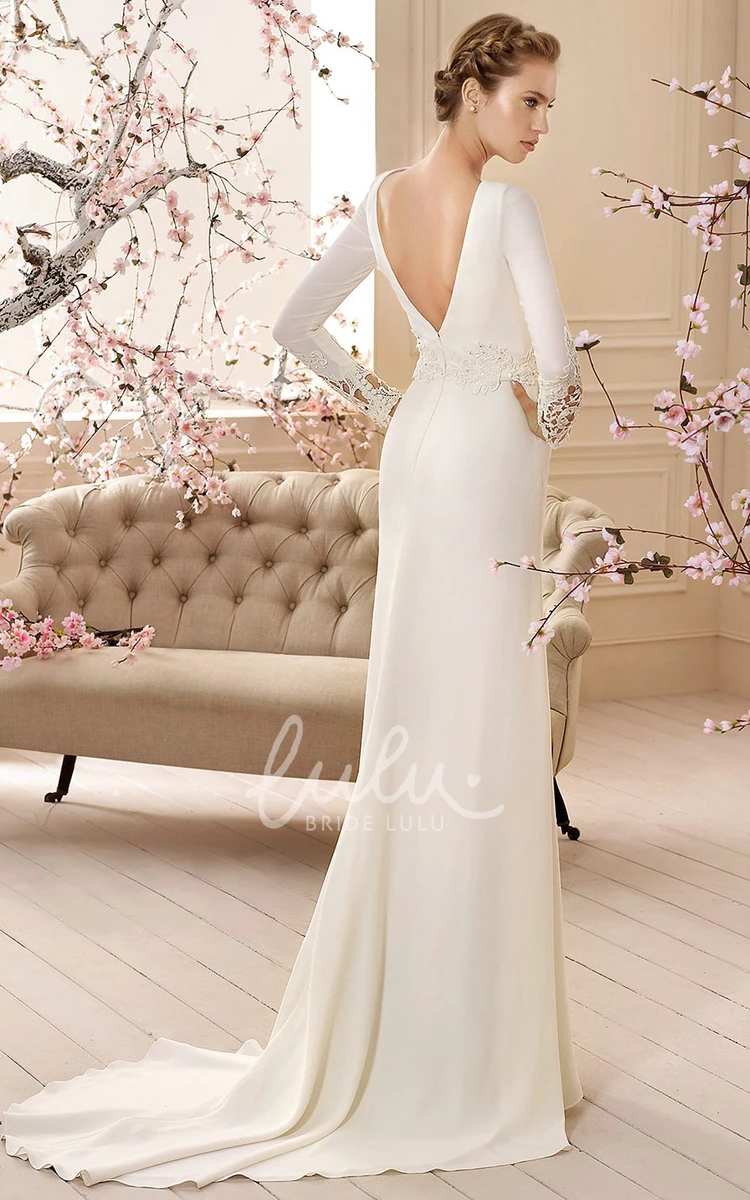 High-Neck Jersey Floor-Length Wedding Dress With Long Sleeves and Appliques