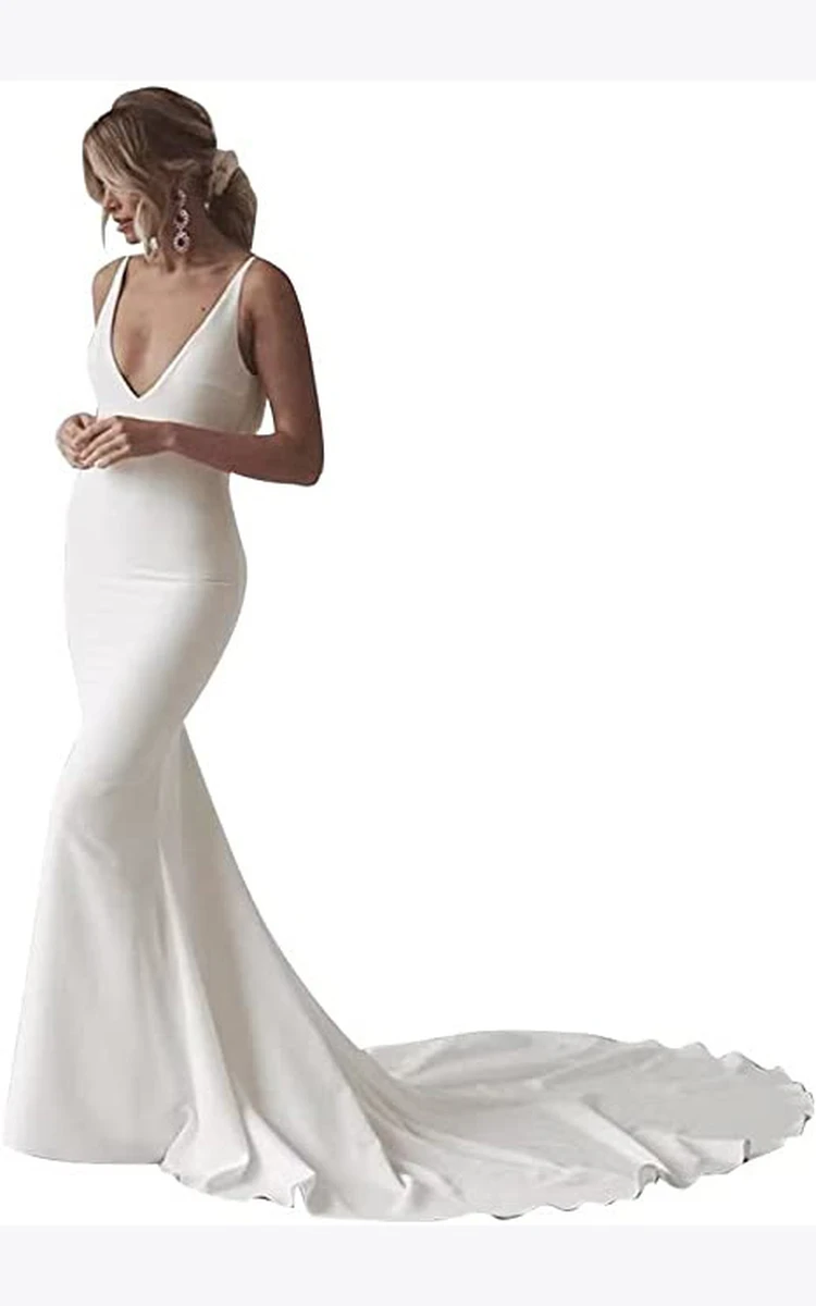 Elegant Satin Mermaid Wedding Dress with V-neck and Open Back