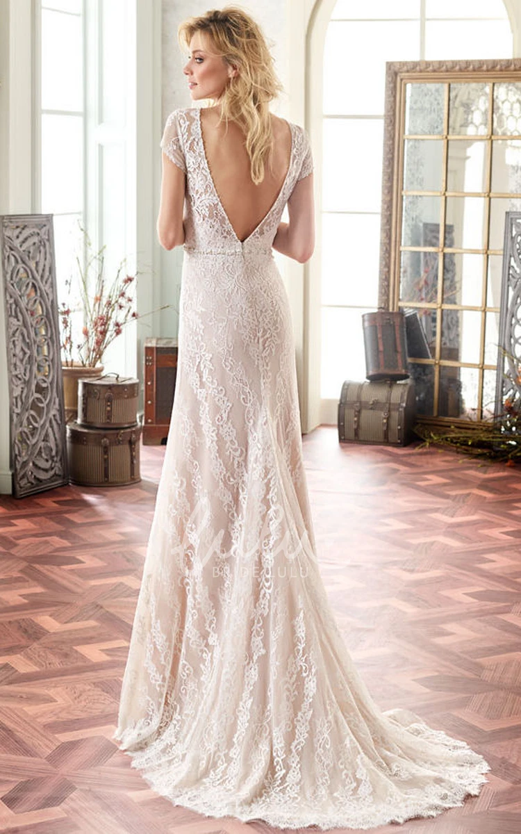Maxi Jeweled Lace Wedding Dress with Scoop Neck and V-Back