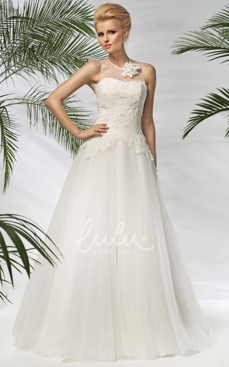 Strapless Floral A-Line Tulle Wedding Dress with Beading and Appliques