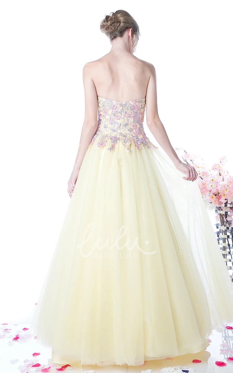 Tulle Satin Strapless Ball Gown Formal Dress with Appliques and Beading in Low-V Back