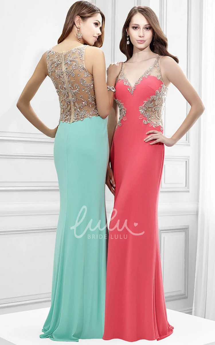 V-Neck Sleeveless Crystal Jersey Sheath Prom Dress in Maxi Length