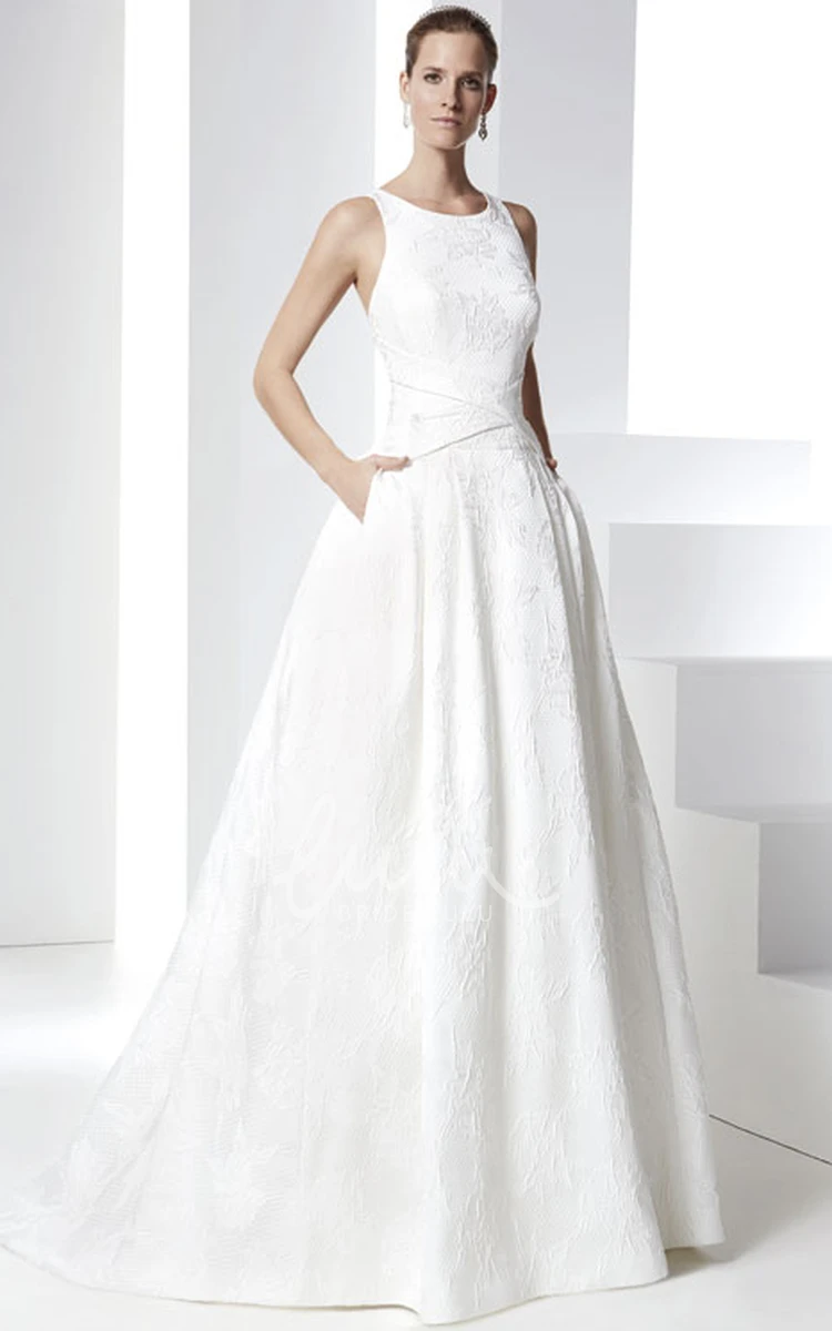 Lace Scoop Neck Wedding Dress with Straps and Sweep Train Romantic Bridal Gown