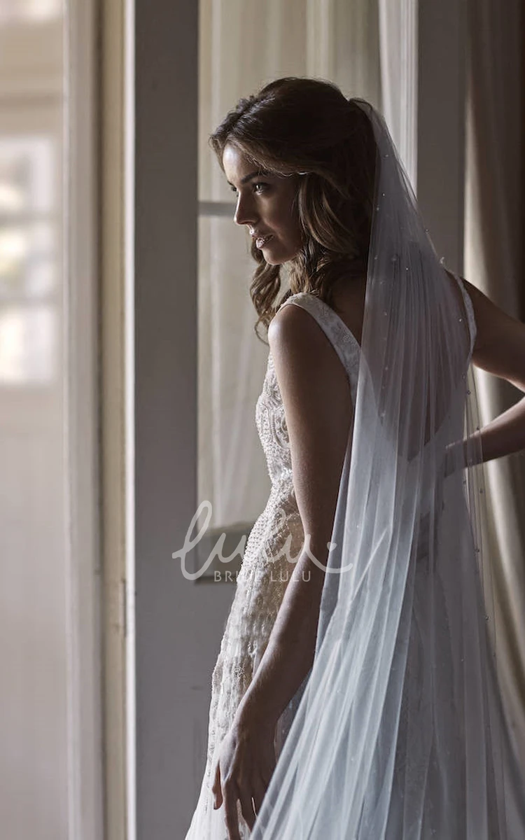 Vintage Pearl Tulle Wedding Dress Veil Elegant Long Style