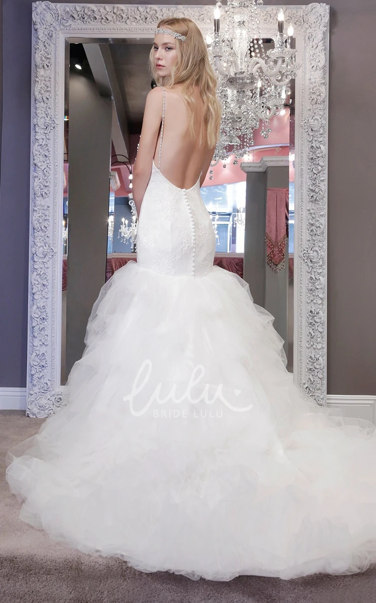 Spaghetti Strap Ruffled Tulle Wedding Dress with Lace and Crystals