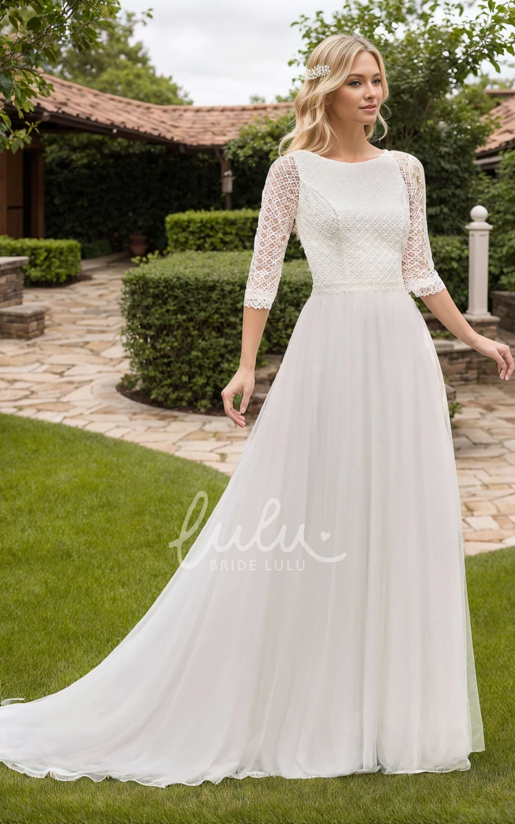 Vintage Floral Beach A-Line Boho Lace Boat Neck Wedding Dress Modest Elegant Short Half Sleeve Button Back Court Train Bridal Gown