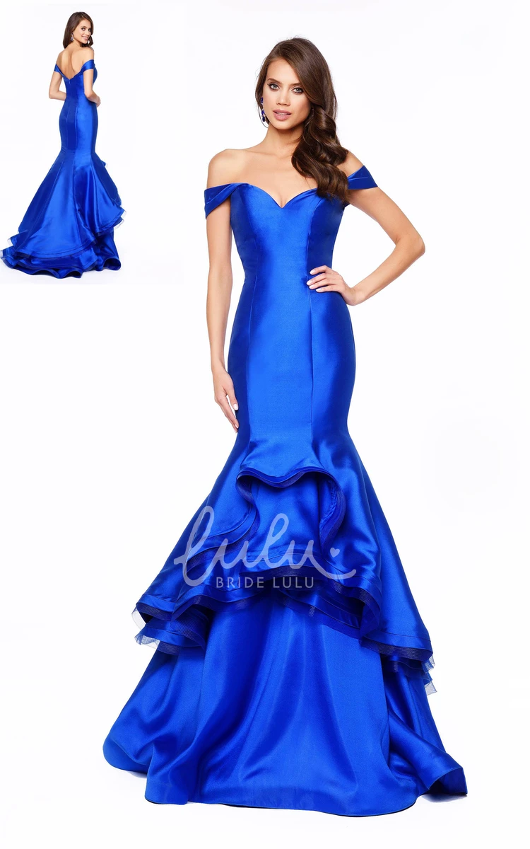 Off-The-Shoulder Satin Mermaid Bridesmaid Dress with Tiers and Low-V Back