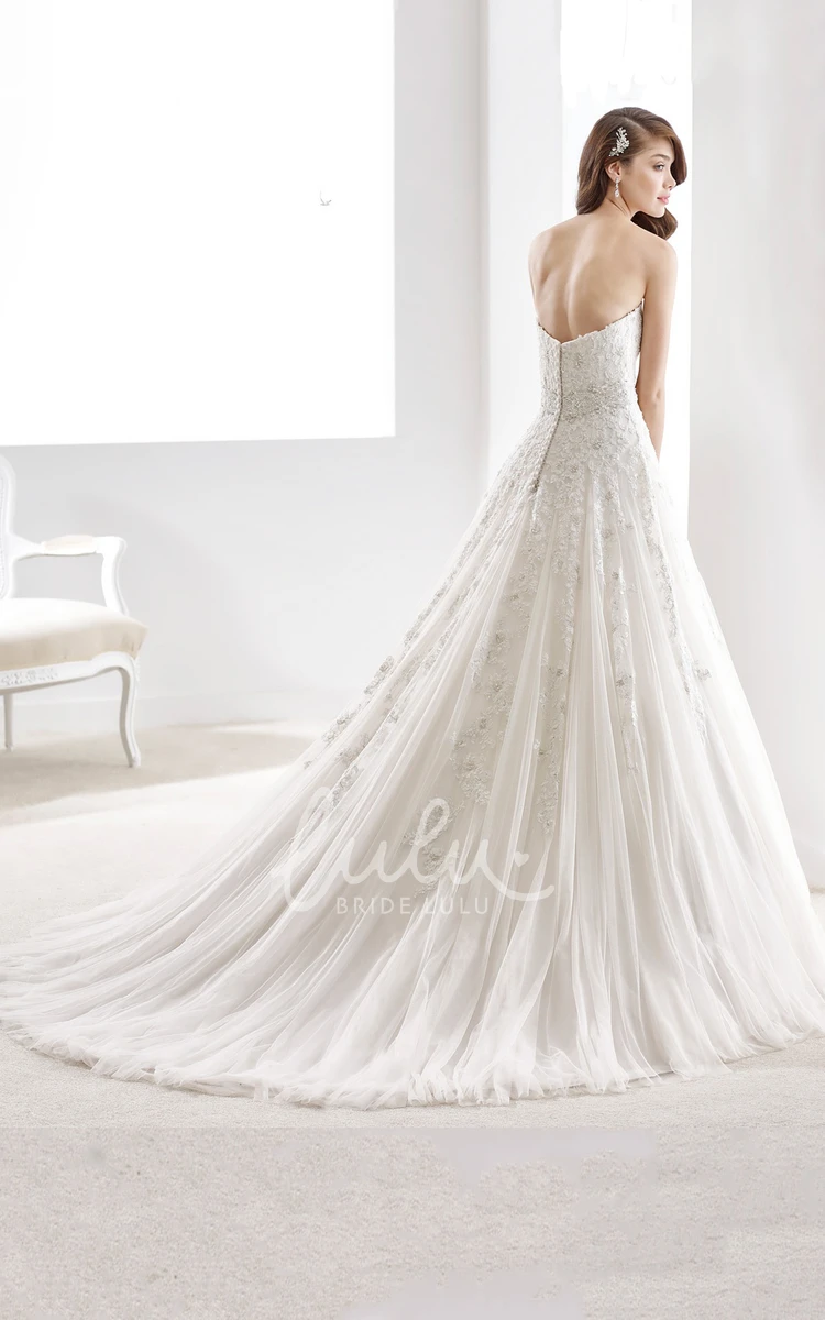 A-line Appliques Strapless Wedding Gown with Brush Train and Crystal Waist Simple Wedding Dress Women's Elegant