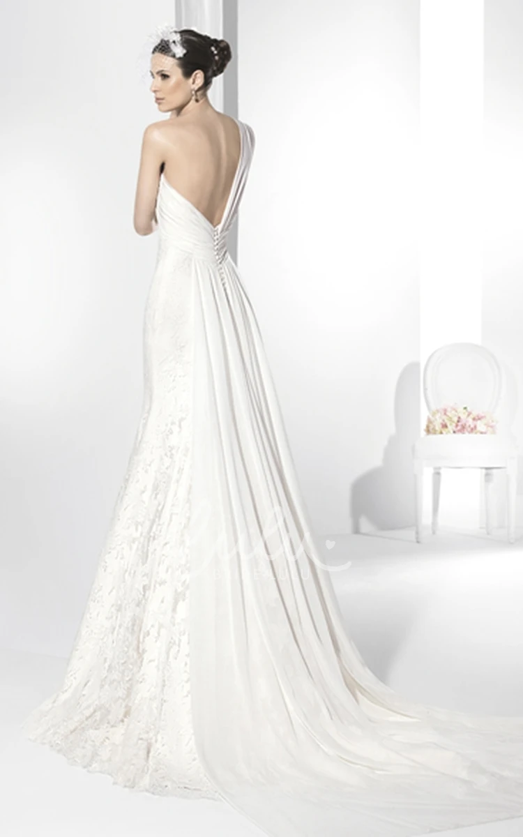 Ruched One-Shoulder Lace Wedding Dress Sleeveless Elegant