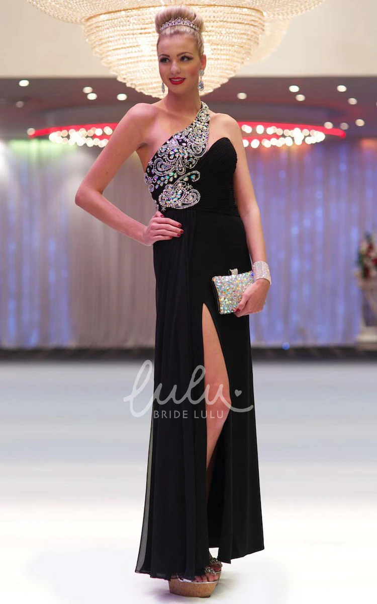 One-Shoulder Beaded Chiffon Prom Dress Sheath Maxi with Ruching and Split Front