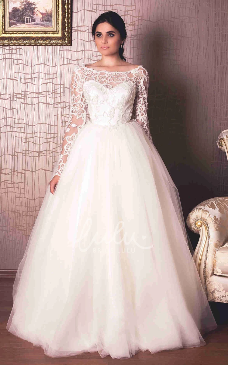 Lace Bateau Tulle Wedding Dress Floor-Length Long-Sleeve A-Line