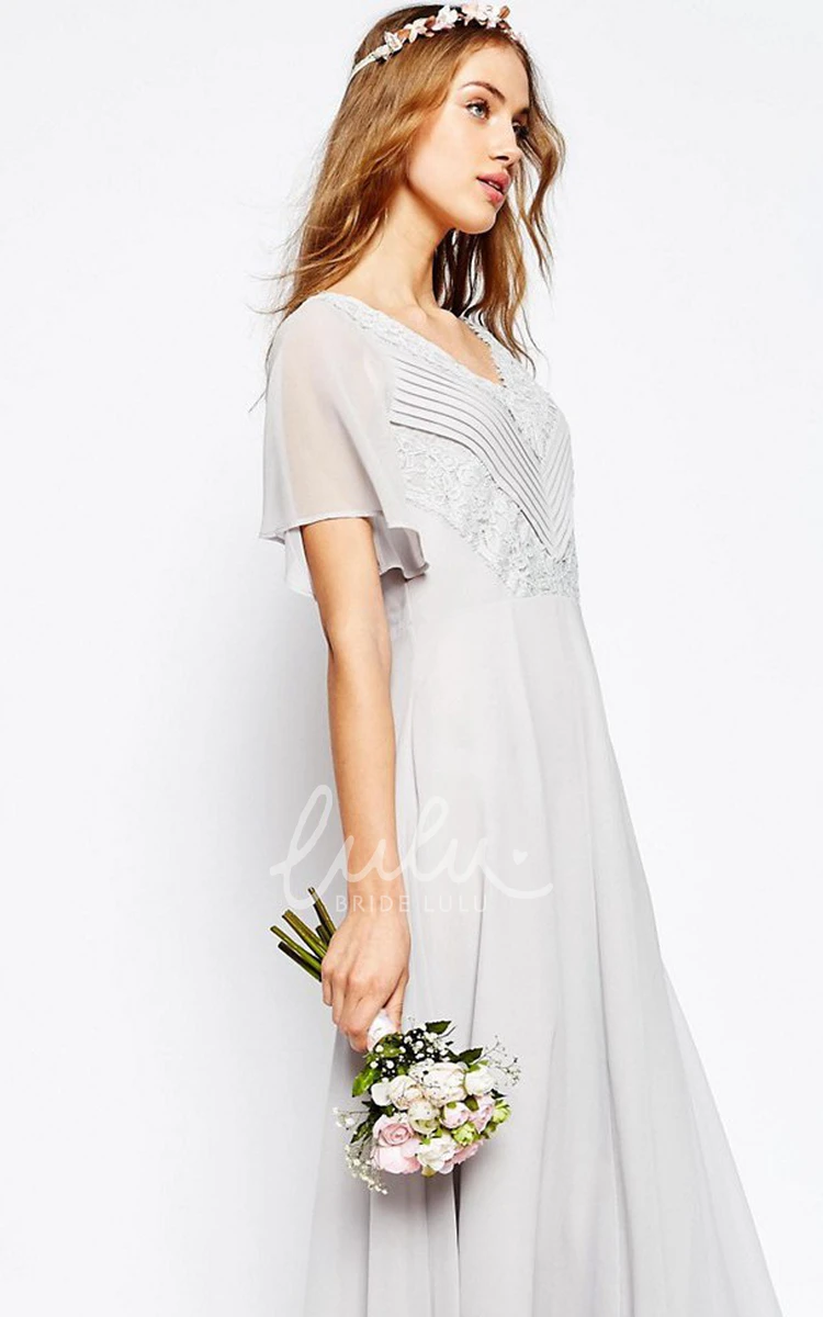 Chiffon Bridesmaid Dress with Ruched V-Neck & Poet Sleeves Ankle-Length