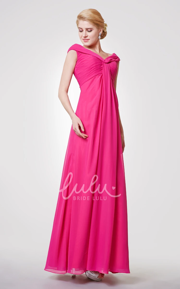 V-neck A-line Long Bridesmaid Dress with Pleated Chiffon and Cap Sleeves