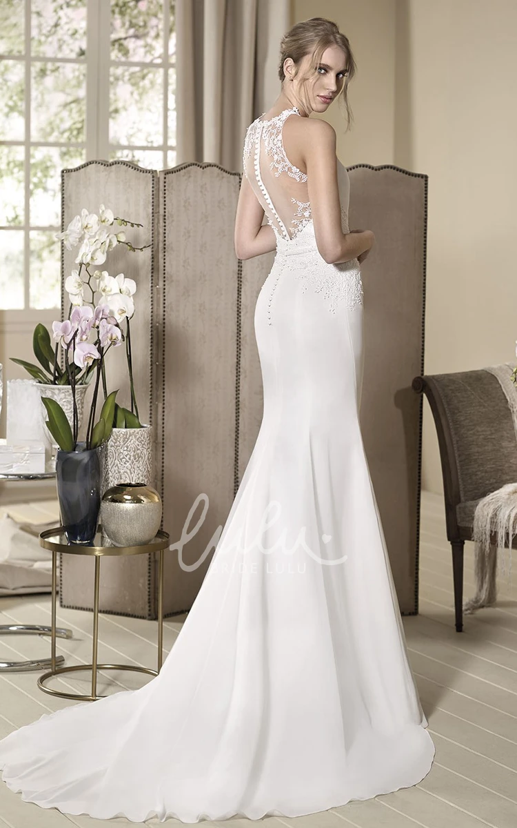 High-Neck Sleeveless Sheath Wedding Dress with Beading & Appliques