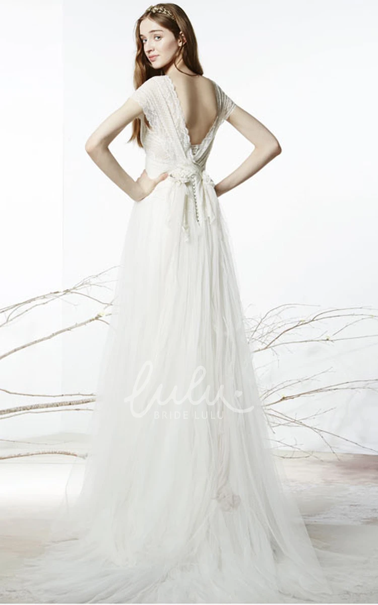 A-Line Tulle Wedding Dress with Flower and Lace Floor-Length V-Neck Short-Sleeve