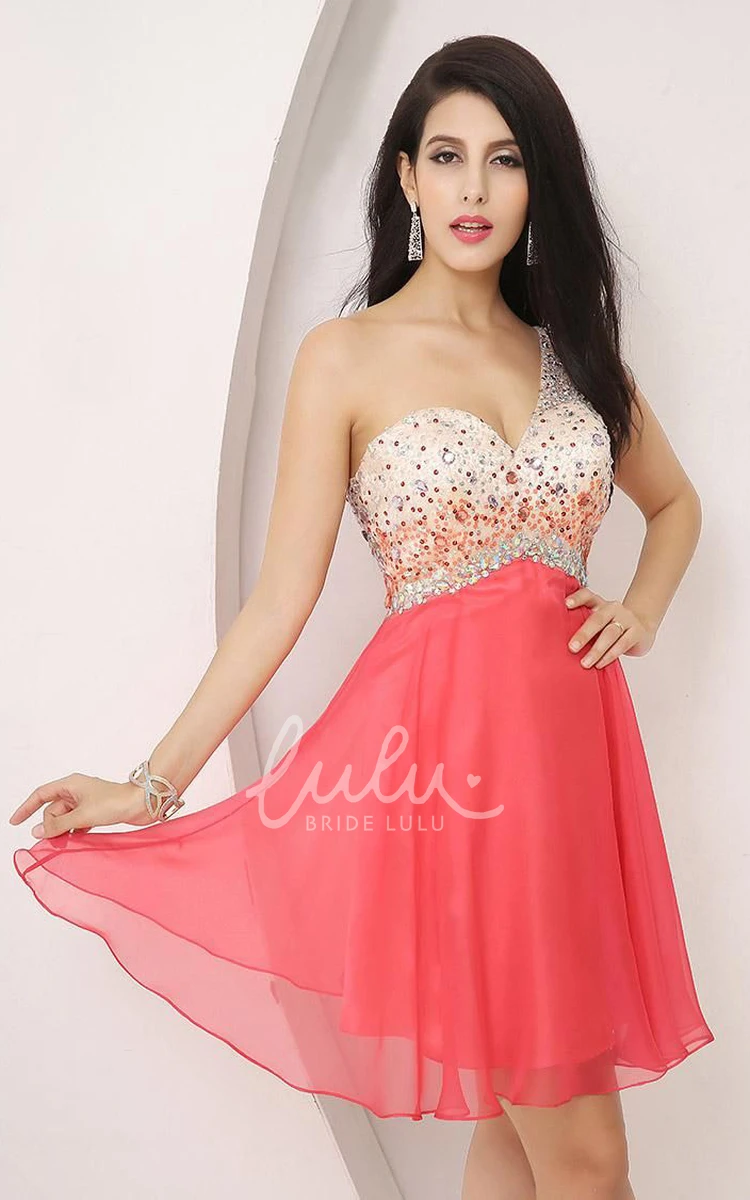 One-shoulder A-line Chiffon Homecoming Dress Sleeveless Mini Beaded Pleated