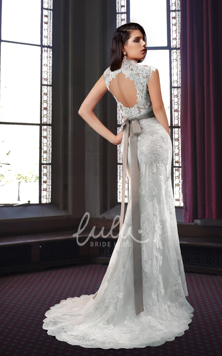 Lace Sheath Wedding Dress with Queen Anne Neckline Elegant Bridal Gown